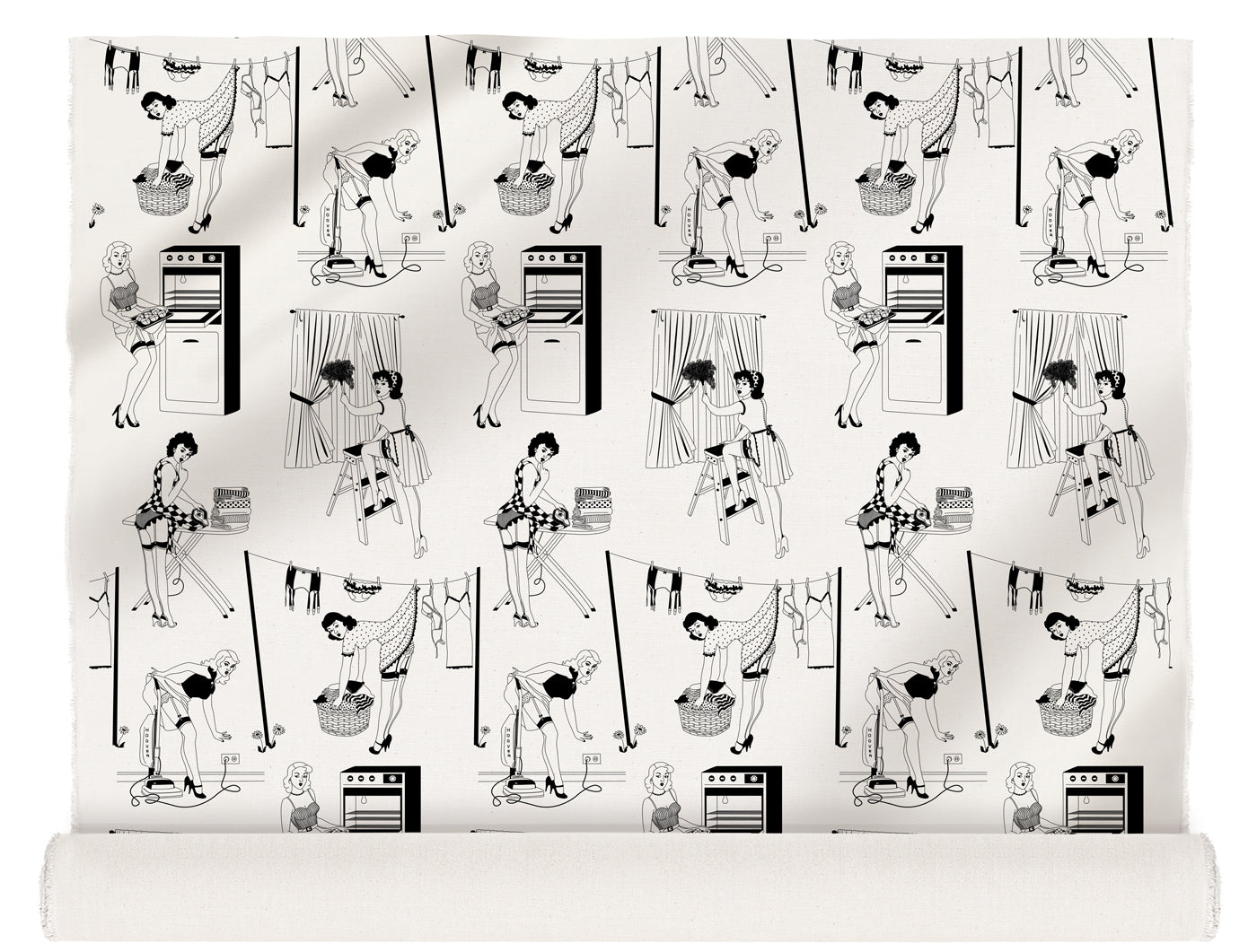 Dupenny fabric roll with retro design of 50s housewives in monochrome