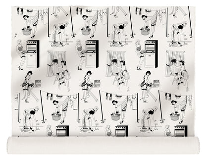 Dupenny fabric roll with retro design of 50s housewives in monochrome