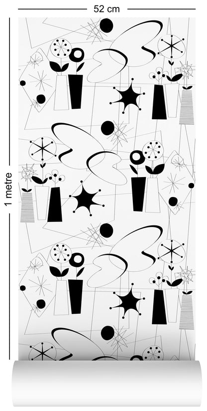 wallpaper roll with atomic fifties design in black and white