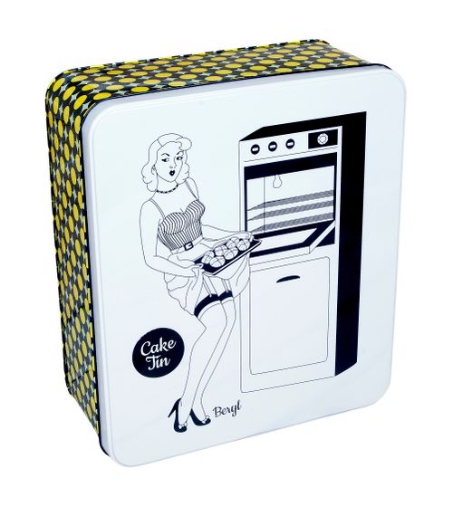 Cake tin with vintage-style design featuring a woman and oven, on a white background.
