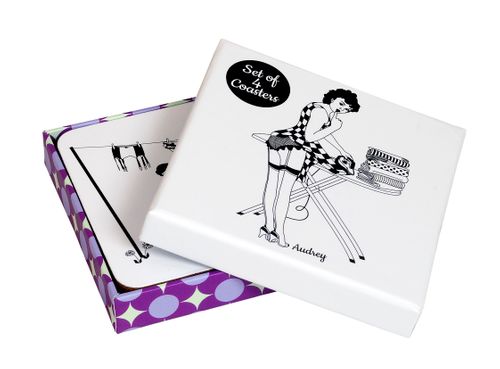 Set of 4 coasters with a retro design on a white background