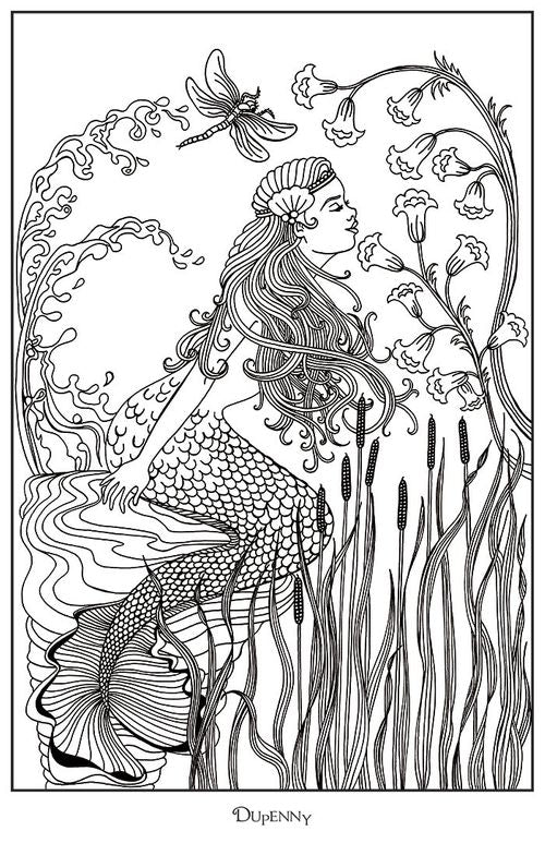 Coloring page of a mermaid surrounded by flowers and a dragonfly, with 'Dupenny' signature.