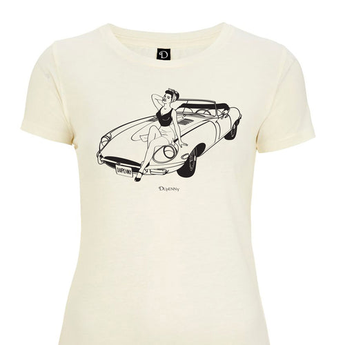 Classic illustrative t-shirt by Dupenny featuring Pinup on Jaguar E-Type Car
