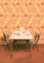 Load image into Gallery viewer, Nostalgic English Garden wallpaper from Dupenny, in 1950s colourway of pach, pink and lemon