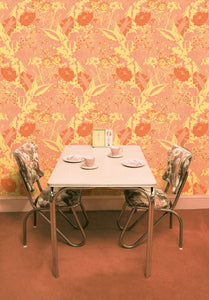 Nostalgic English Garden wallpaper from Dupenny, in 1950s colourway of pach, pink and lemon