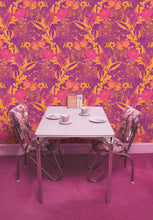 Load image into Gallery viewer, Cool retro 1960s wallpaper by Dupenny. Purple, magenta and orange floral pattern for walls