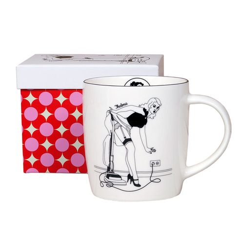 White mug with black and white design of a woman on a stool, next to a red and pink patterned box.