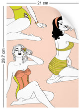 Load image into Gallery viewer, A4 sample of rockabilly 1950s pin up girl wallpaper made in the uk