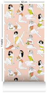 1950s vintage pinup wallpaper roll in peachy keen