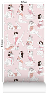 wallpaper roll with pastel pink retro pinup girl design