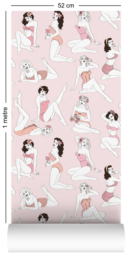 1m sample pin-up girl wallpaper for powder room vintage home decor