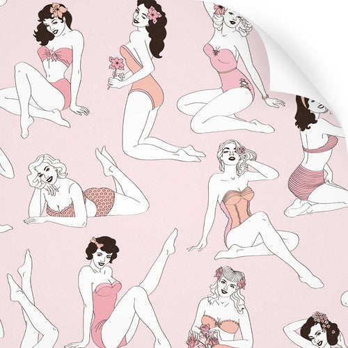 wallpaper swatch with pinup girl design in vintage pink colours