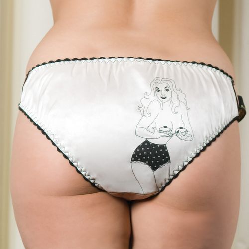 White underwear with a black and white illustration of a woman on a plain background