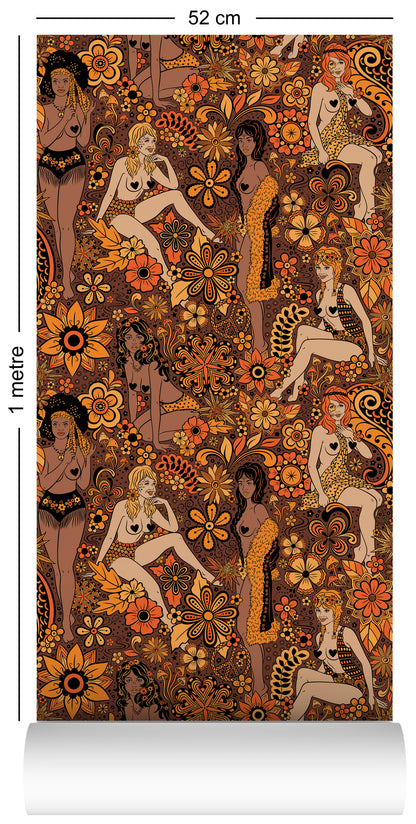 Dupenny's Summer of Love flower power wallpaper pattern in Acapulco Gold colourway