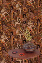 Load image into Gallery viewer, Dupenny&#39;s Summer of Love retro 60s hippy wallpaper in acapulco gold colourway