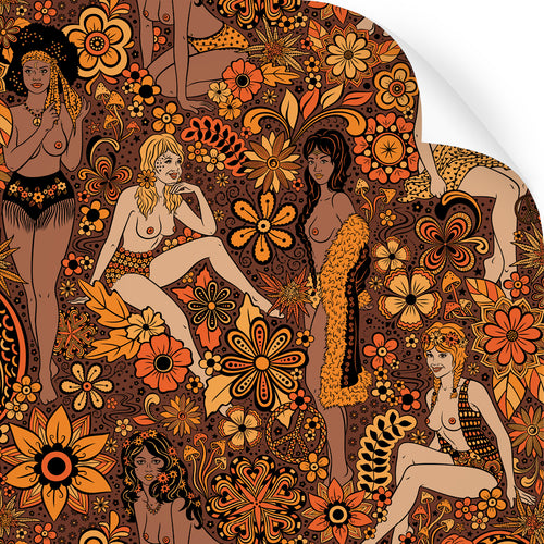 Summer of Love retro 1960s wallpaper by Dupenny in brown and orange colours