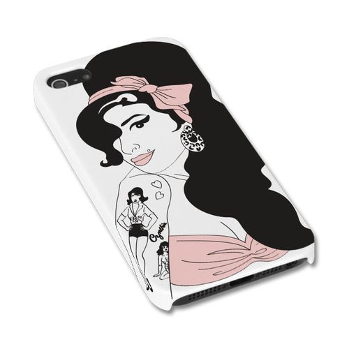Phone case with a stylized illustration of amy winehouse with long black hair and a pink headband on a white background.