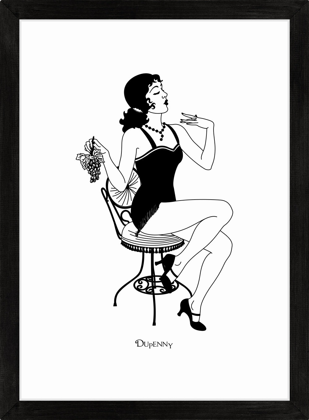 Monochrome art print of flapper girl eating grapes