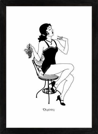 Monochrome art print of flapper girl eating grapes
