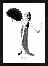 Load image into Gallery viewer, Monochrome art print of flapper girl holding fan and cigarette