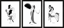 Load image into Gallery viewer, Set of three 1920s Glamour monochrome art prints featuring flapper girls