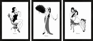 Set of three 1920s Glamour monochrome art prints featuring flapper girls