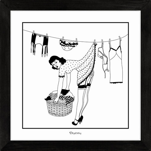Monochrome art print of 50s housewife hanging washing