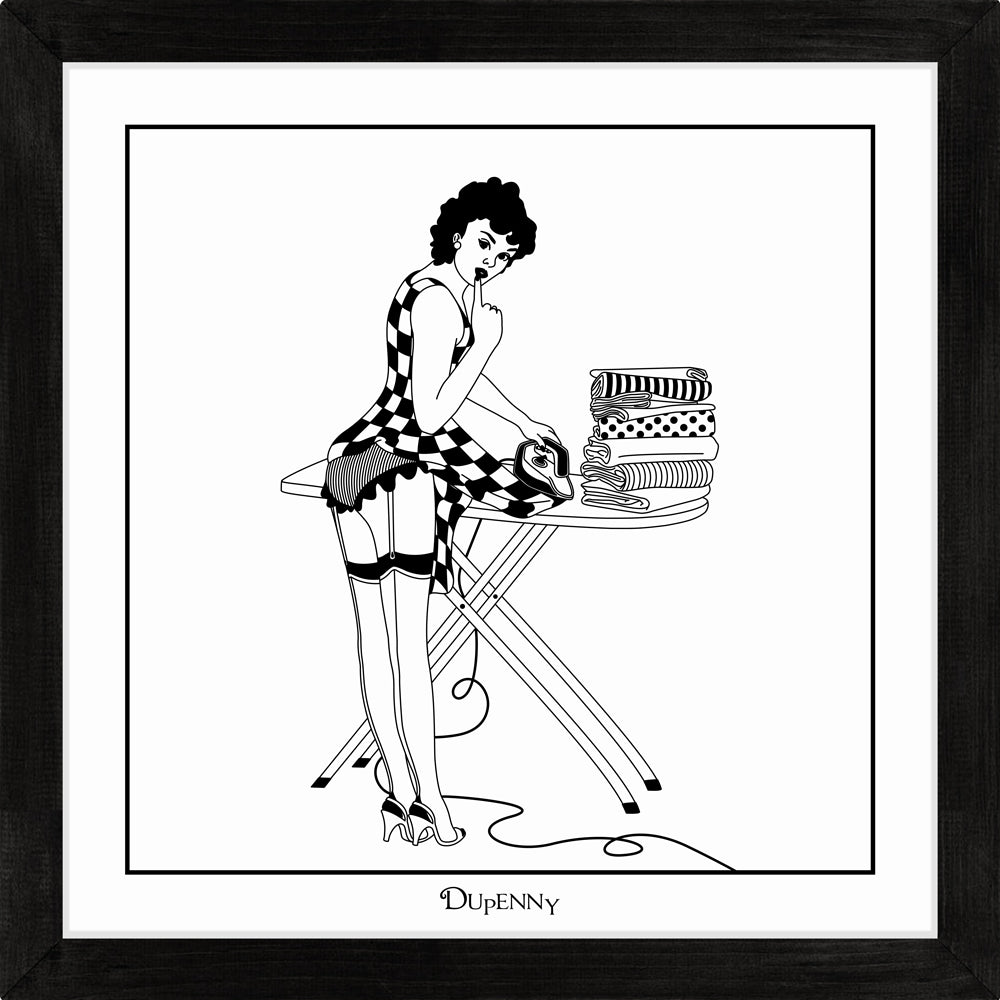Monochrome art print of 50s housewife ironing