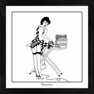 Monochrome art print of 50s housewife ironing