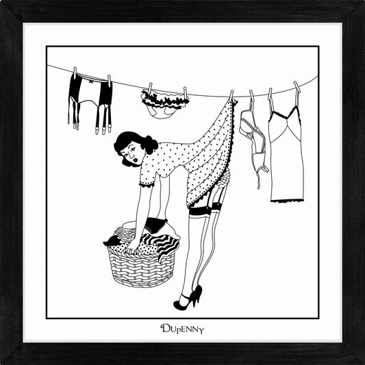 Monochrome art print of 50s housewife hanging washing