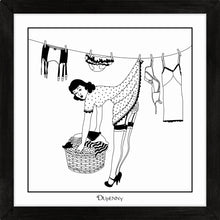 Load image into Gallery viewer, Monochrome art print of 50s housewife hanging washing