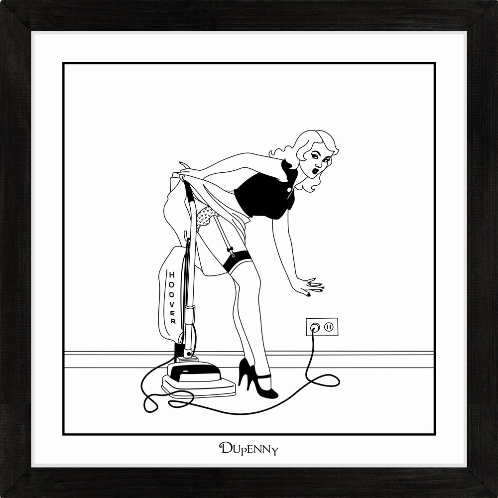 Monochrome art print of 50s housewife vacuuming