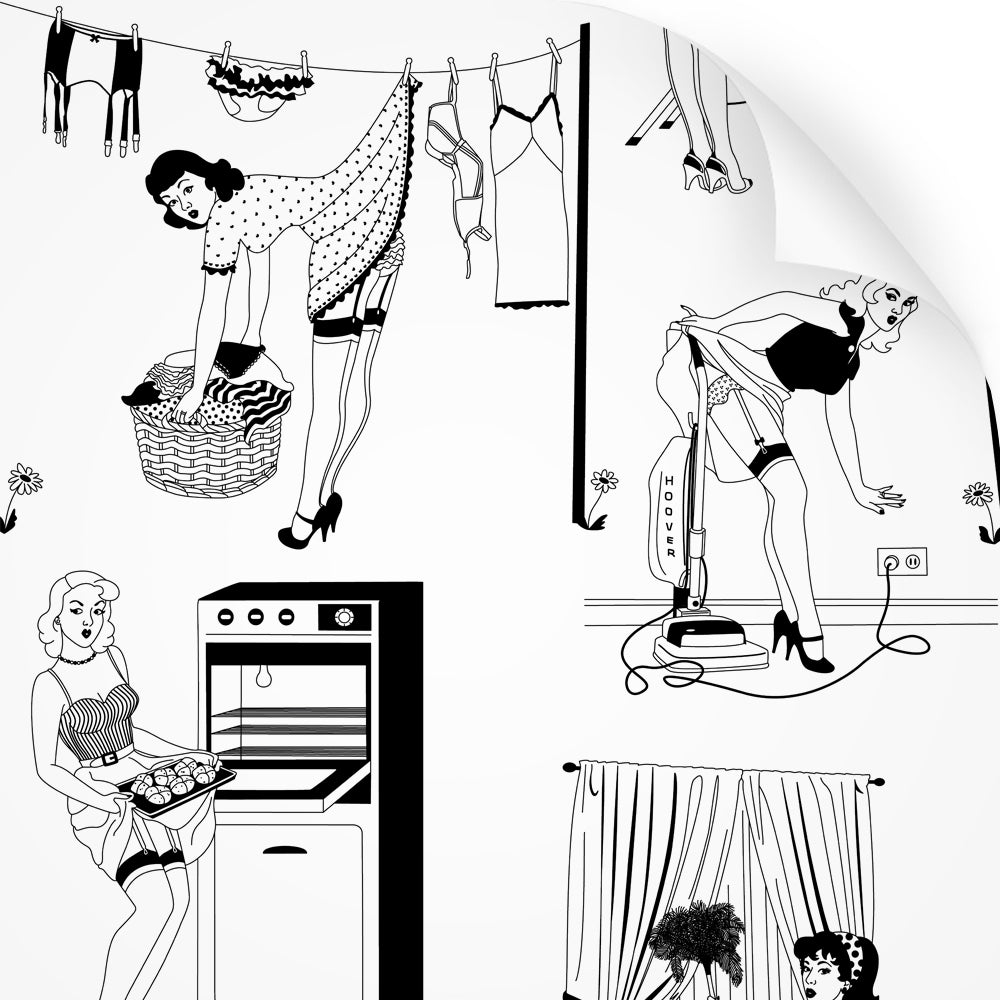 wallpaper sample with retro design of 50s housewives in monochrome