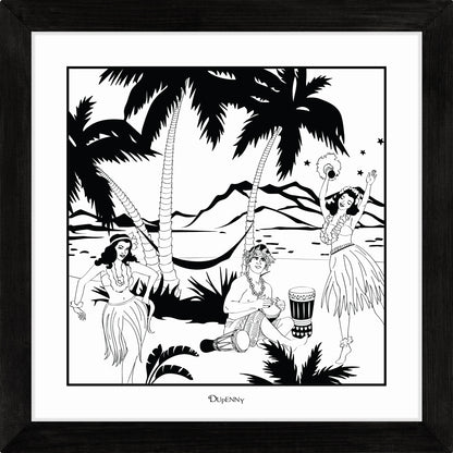 Hawaiian themed monochrome framed art print with surfers and hula girls.
