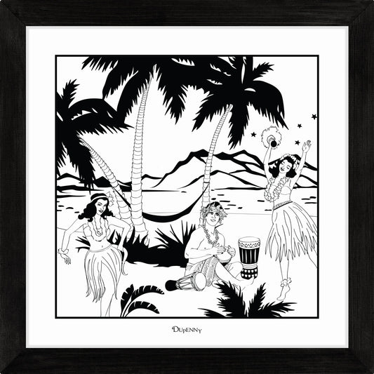Hawaiian themed monochrome framed art print with surfers and hula girls.