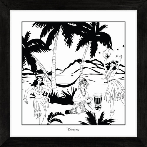 Hawaiian themed monochrome framed art print with surfers and hula girls.