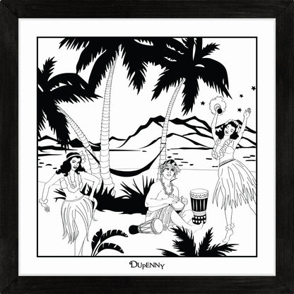 Hawaiian themed monochrome framed art print with bongo surfer and hula girls.