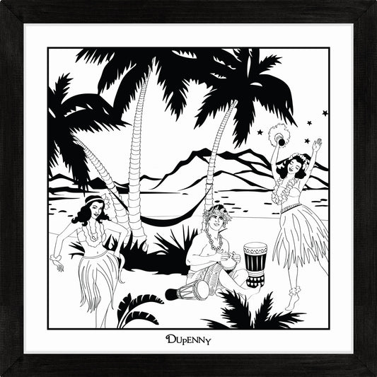 Hawaiian themed monochrome framed art print with bongo surfer and hula girls.
