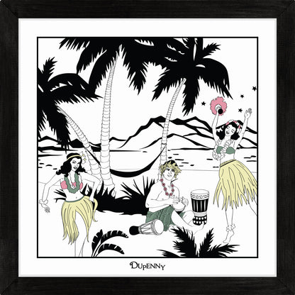 Hawaiian themed framed art prints with surfers and hula girls.