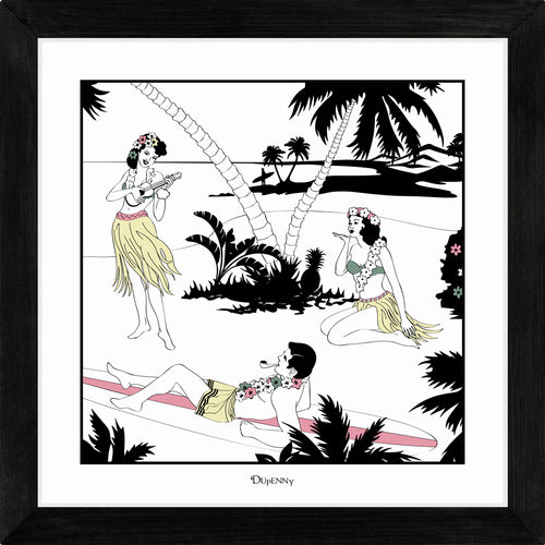 Hawaiian themed framed art prints with surfers and hula girls.