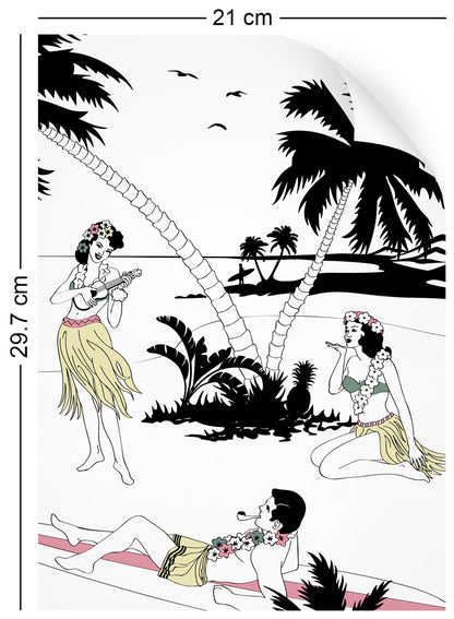 a4 wallpaper sample with Hawaiian surfer and hula girl design in retro colours