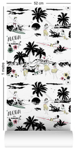 wallpaper roll with Hawaiian surfer and hula girl design in retro colours