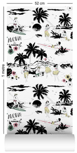 1m wallpaper sample with Hawaiian surfer and hula girl design in retro colours