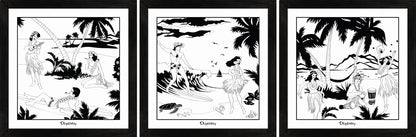 Set of three Hawaiian themed monochrome framed art prints with surfers and hula girls.