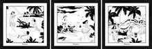 Load image into Gallery viewer, Set of three Hawaiian themed monochrome framed art prints with surfers and hula girls.