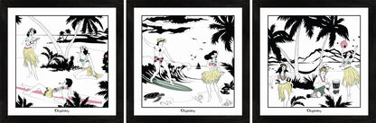 Set of three Hawaiian themed framed art prints with surfers and hula girls.