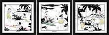 Load image into Gallery viewer, Set of three Hawaiian themed framed art prints with surfers and hula girls.