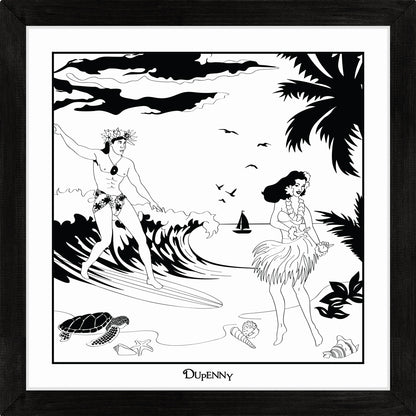 Hawaiian themed monochrome framed art print with surfers and hula girls.