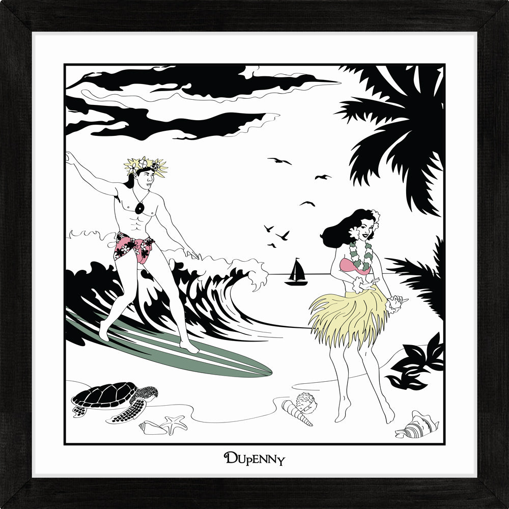 Hawaiian themed framed art prints with surfers and hula girls.