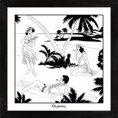 Hawaiian themed monochrome framed art print with surfers and hula girls.